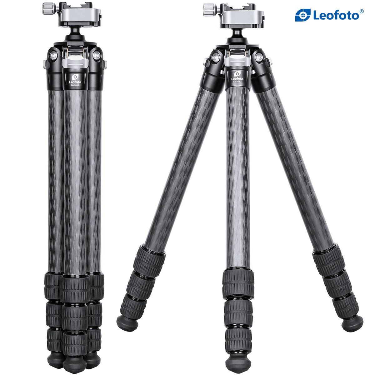 Leofoto SA-series carbon fibre tripod shown folded and with its retracted legs spread apart