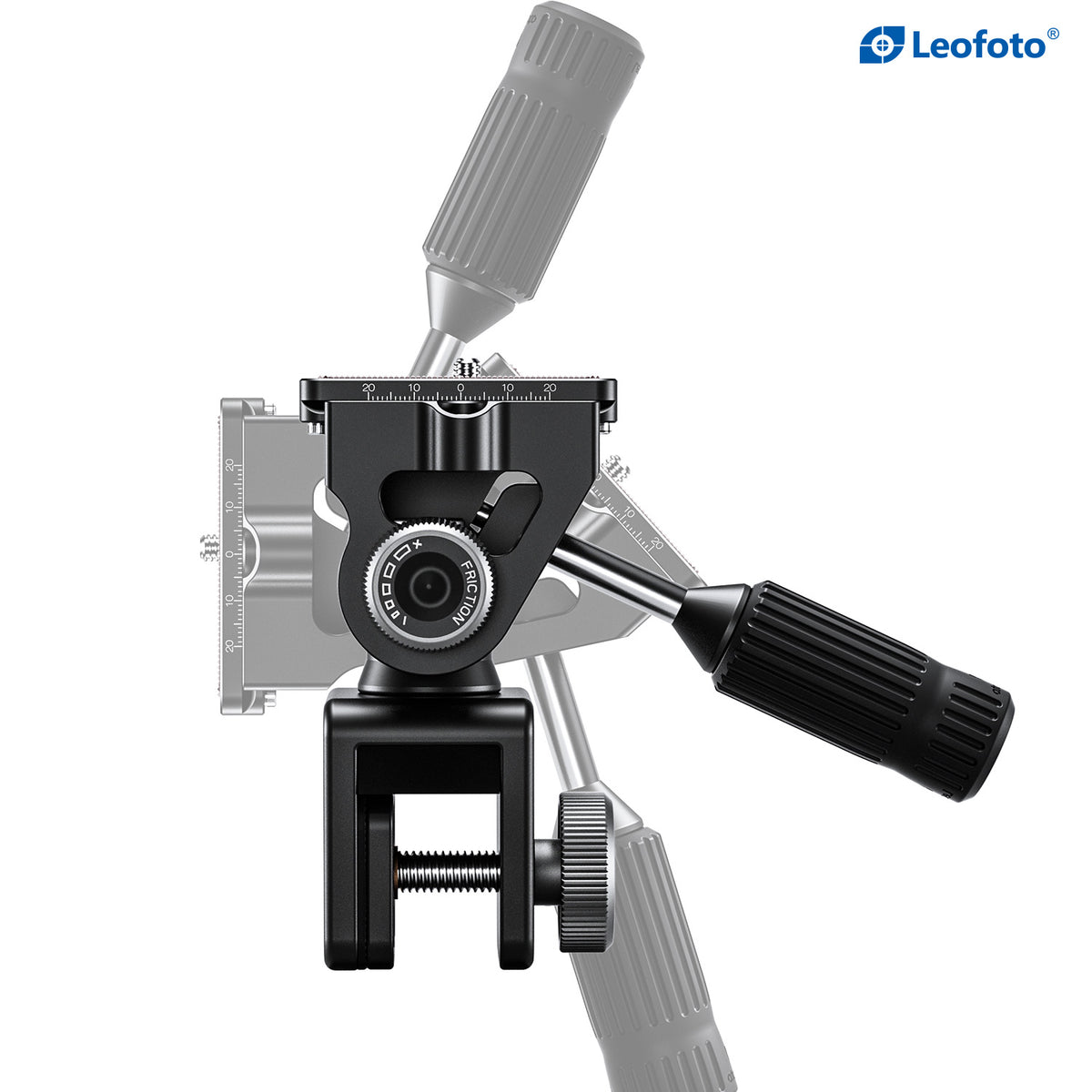 Leofoto SW-02 head on the WN-01 window clamp, with overlapping views illustrating its tilt movement.
