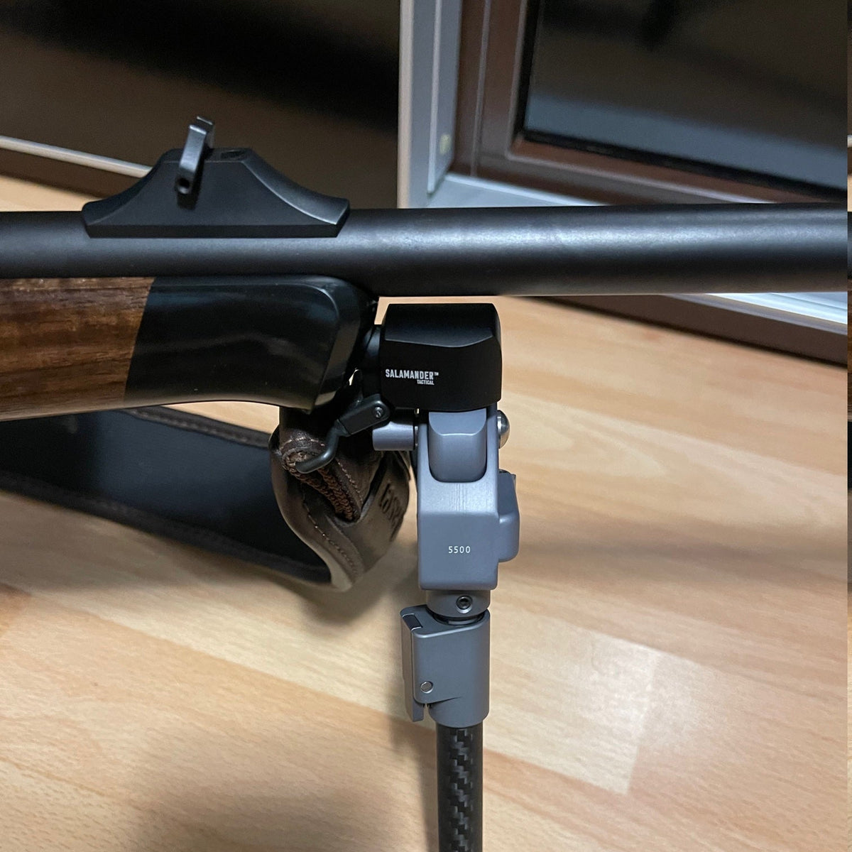 Blaser R8 adapter for Spartan Javelin bipod installed on rifle