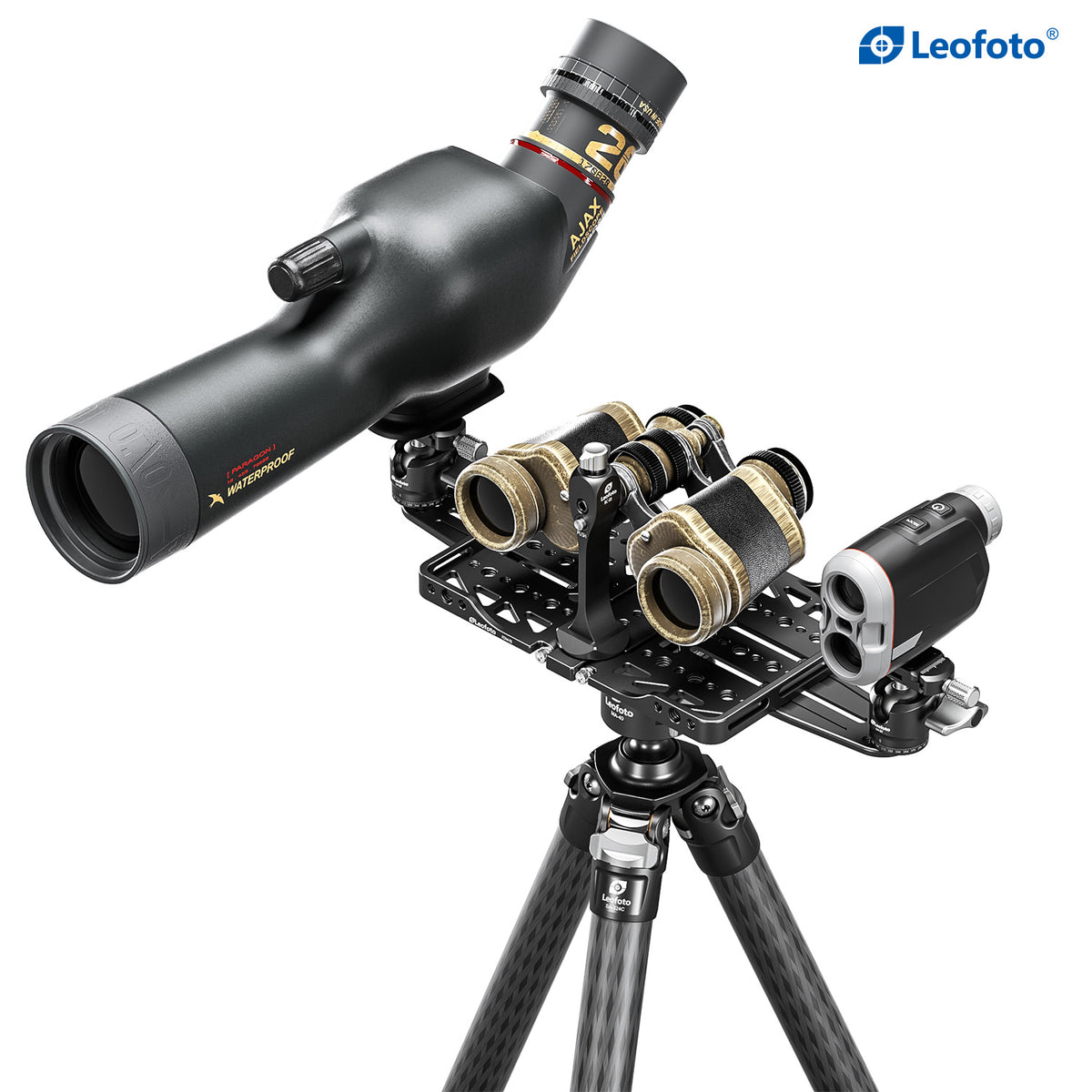 Leofoto FDM-05 Foldable Tac Table mounted on a tripod with spotting scope, binoculars and rangefinder