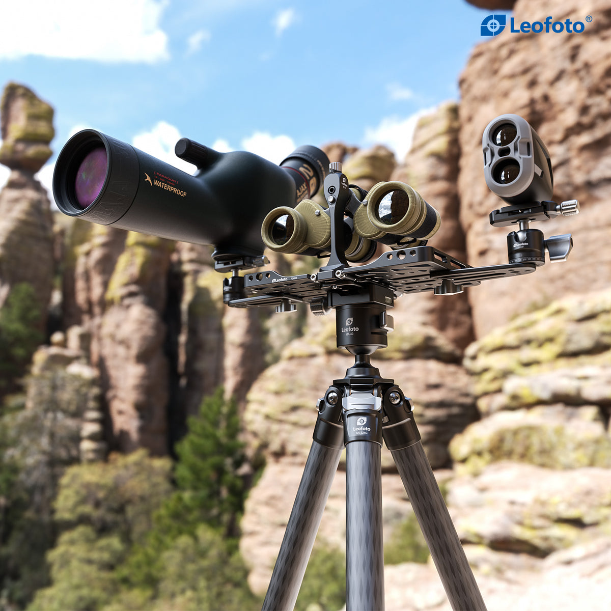 Leofoto FDM-05 Foldable Tac Table in an outdoor tripod setup with spotting scope and binoculars
