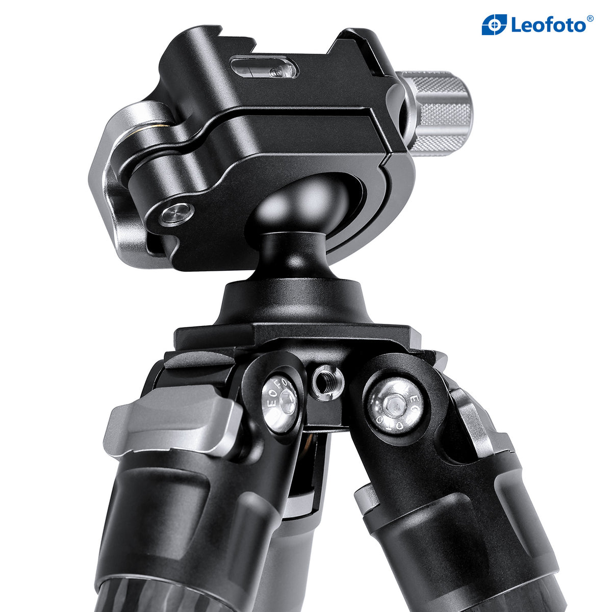 Side view of a Leofoto MA-30L ball head tilted on a carbon fibre tripod