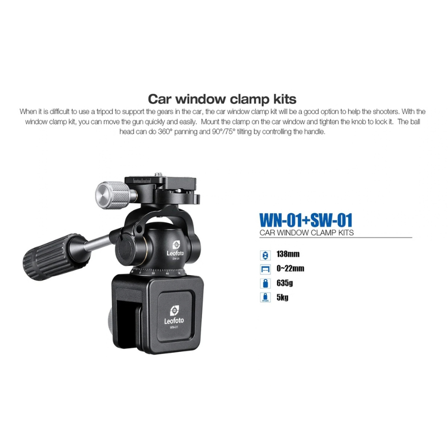 Leofoto WN-01 + SW-01 window clamp kit specification diagram with height, jaw opening, weight and load rating