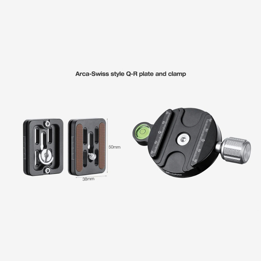 Leofoto SW-01 Arca-type clamp with bubble level and two views of the 50 x 38 mm quick-release plate