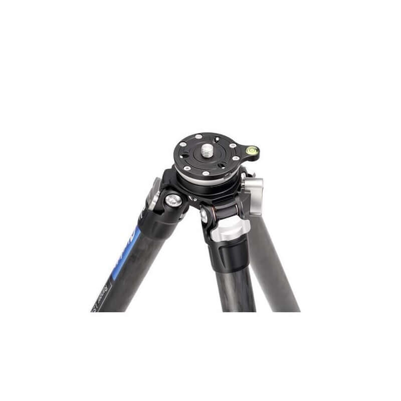 Leofoto Ranger LS-284CEX carbon tripod with leveling base, close-up of top plate and bubble level.