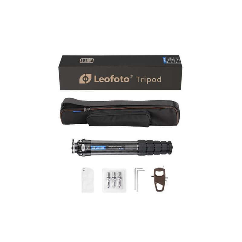 Leofoto Ranger LS-284CEX carbon tripod kit including tripod, carrying case, tools, accessories, and product box arranged flat.