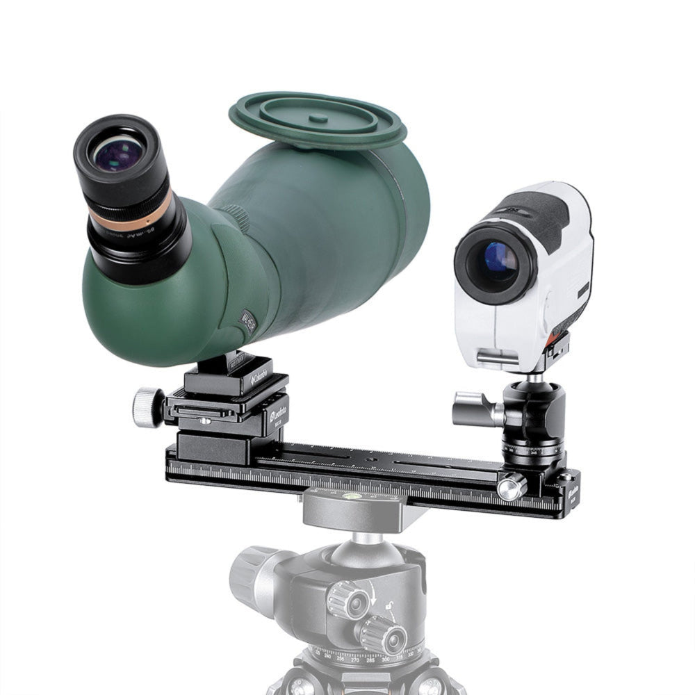 Rear view of a spotting scope and rangefinder mounted side by side on the Leofoto FDM-02 rail kit