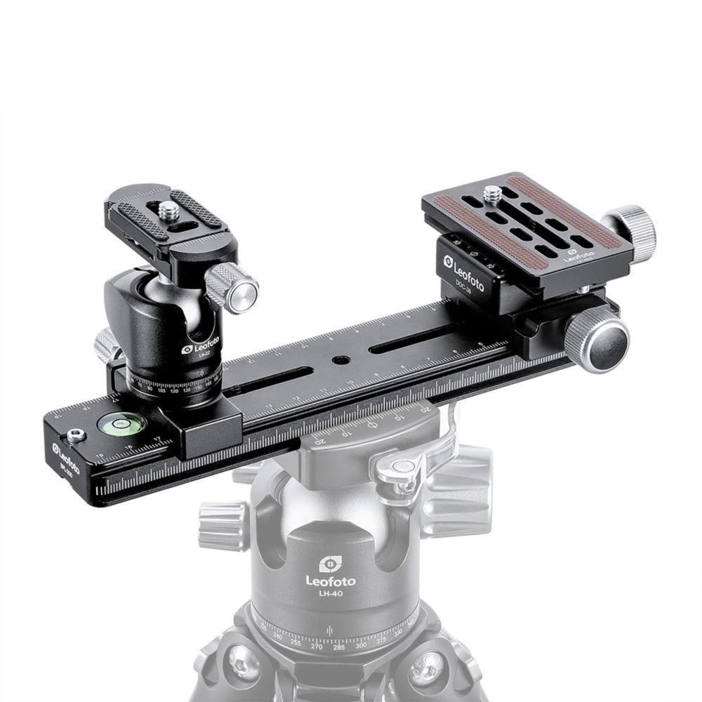 Leofoto FDM-02 rail kit with LH-22 ball head and DDC-38 clamp above an illustrated tripod head