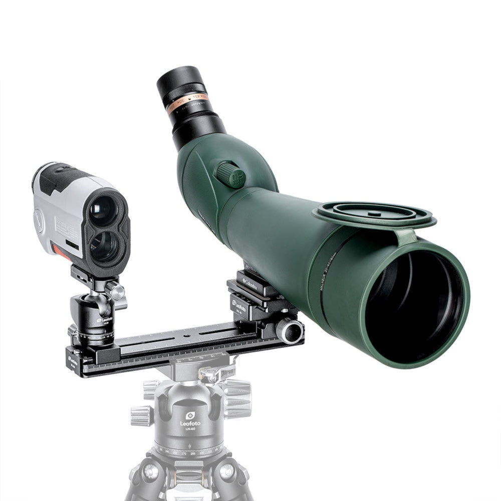 Leofoto FDM-02 rail kit carrying a spotting scope and rangefinder, viewed from the front
