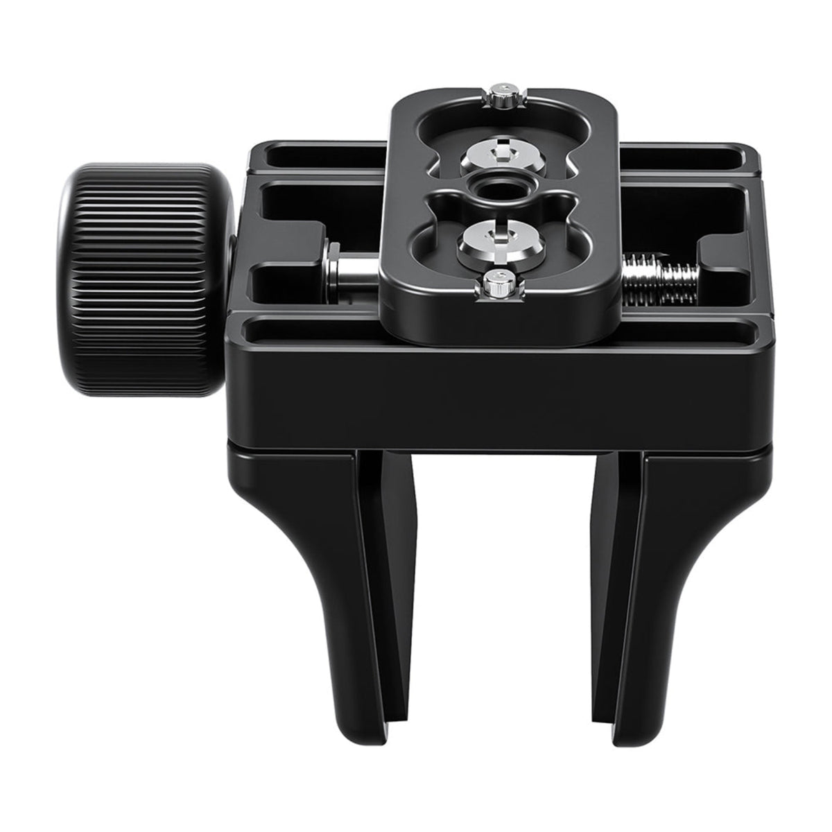 Underside of the Leofoto GS-3 showing the Arca-type base, mounting socket and jaw adjustment mechanism