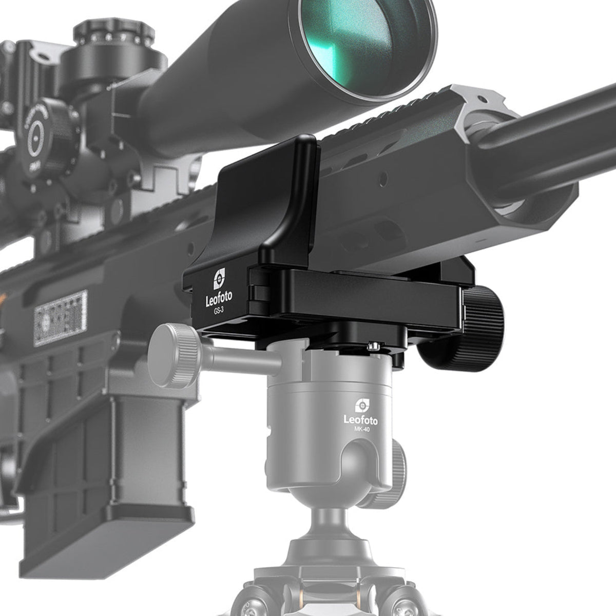 Illustration of a Leofoto GS-3 gripping a rifle forend above a ball head