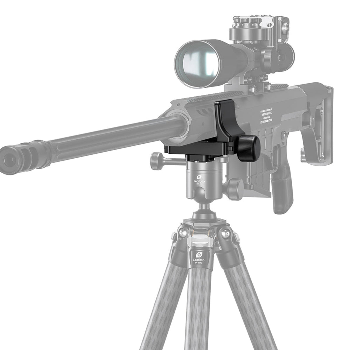 Illustration of a scoped rifle supported by a Leofoto GS-3 clamp on a tripod