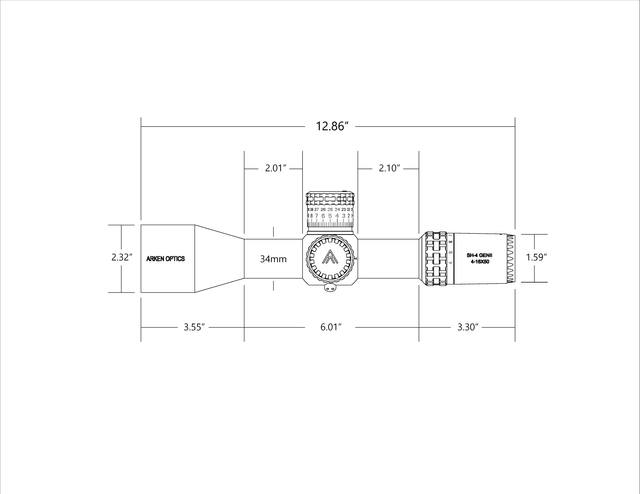 Dimensions and specifications diagram of the Arken EPL4 4-16x44 FFP MIL Rifle Scope for Hunting.