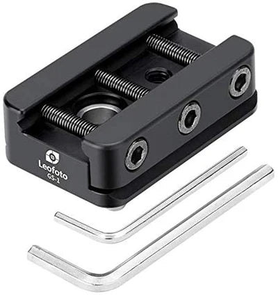 Leofoto GS-1 rail adapter clamp with three mounting screws and two included hex keys.