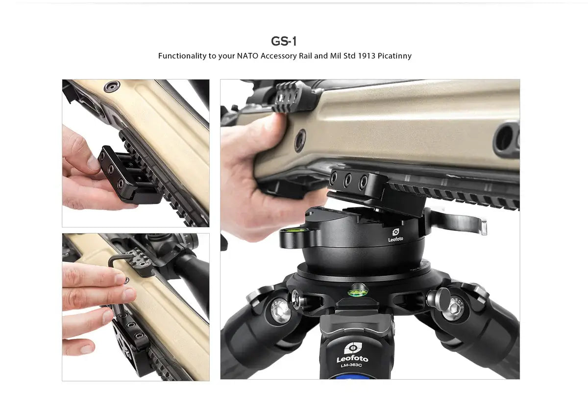 Leofoto GS-1 NATO-DVTL Picatinny Mount | Arca Compatible QR Clamp shown in use with NATO accessory rail.