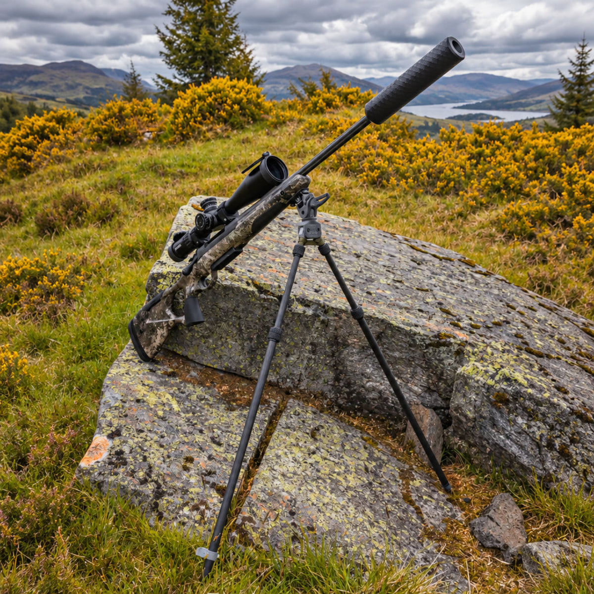 NorneHunt shooting sticks supporting a scoped rifle angled upwards, with the rifle butt resting on a rock in open hill terrain.