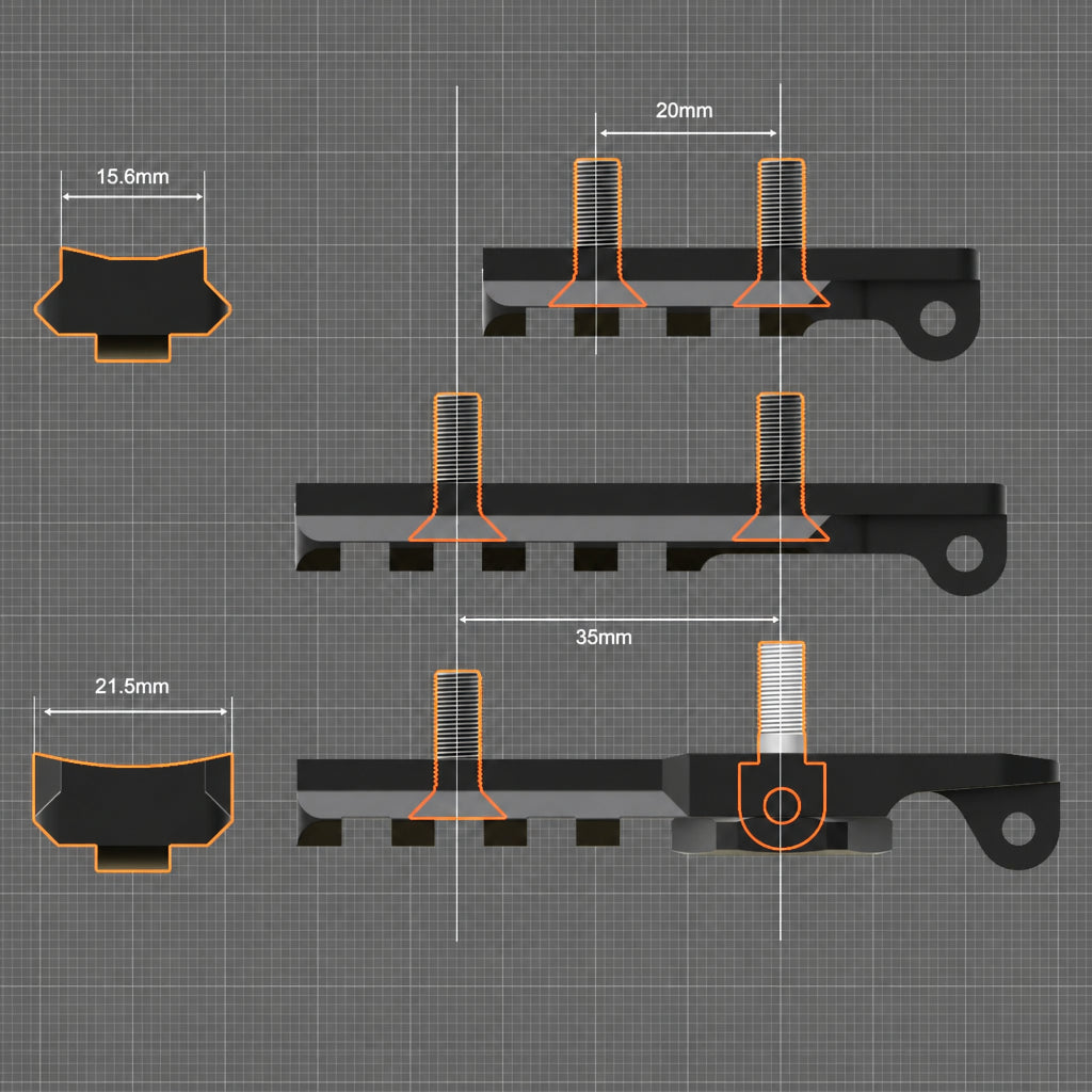 Technical drawing of NorneHunt Standard Mini, Standard and Sling Stud Picatinny rails showing mounting layouts and dimensions.