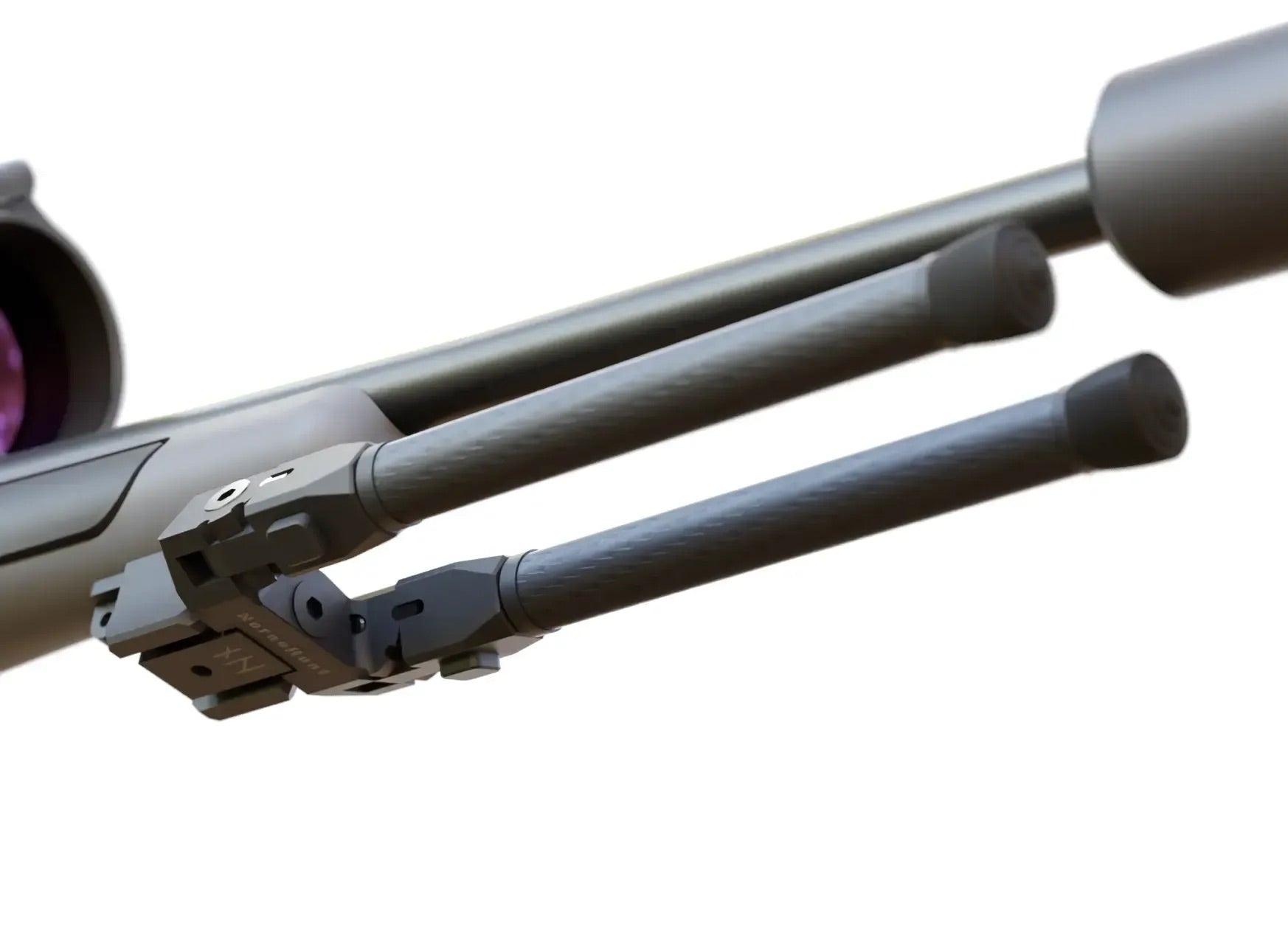 Close-up of a carbon fiber bipod mounted to the forend of a precision rifle, with the barrel and scope partially visible.