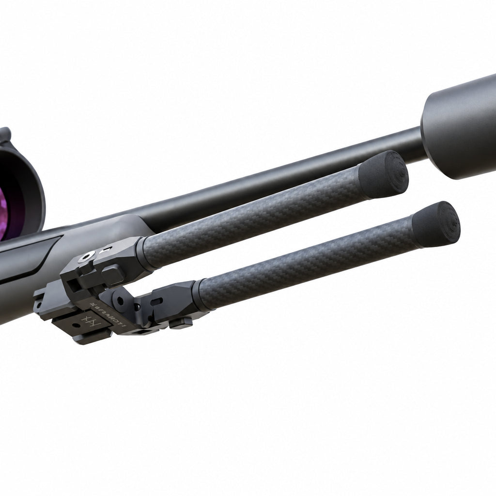NorneHunt GEN II bipod mounted beneath a rifle with both carbon fibre legs folded forwards alongside the barrel.