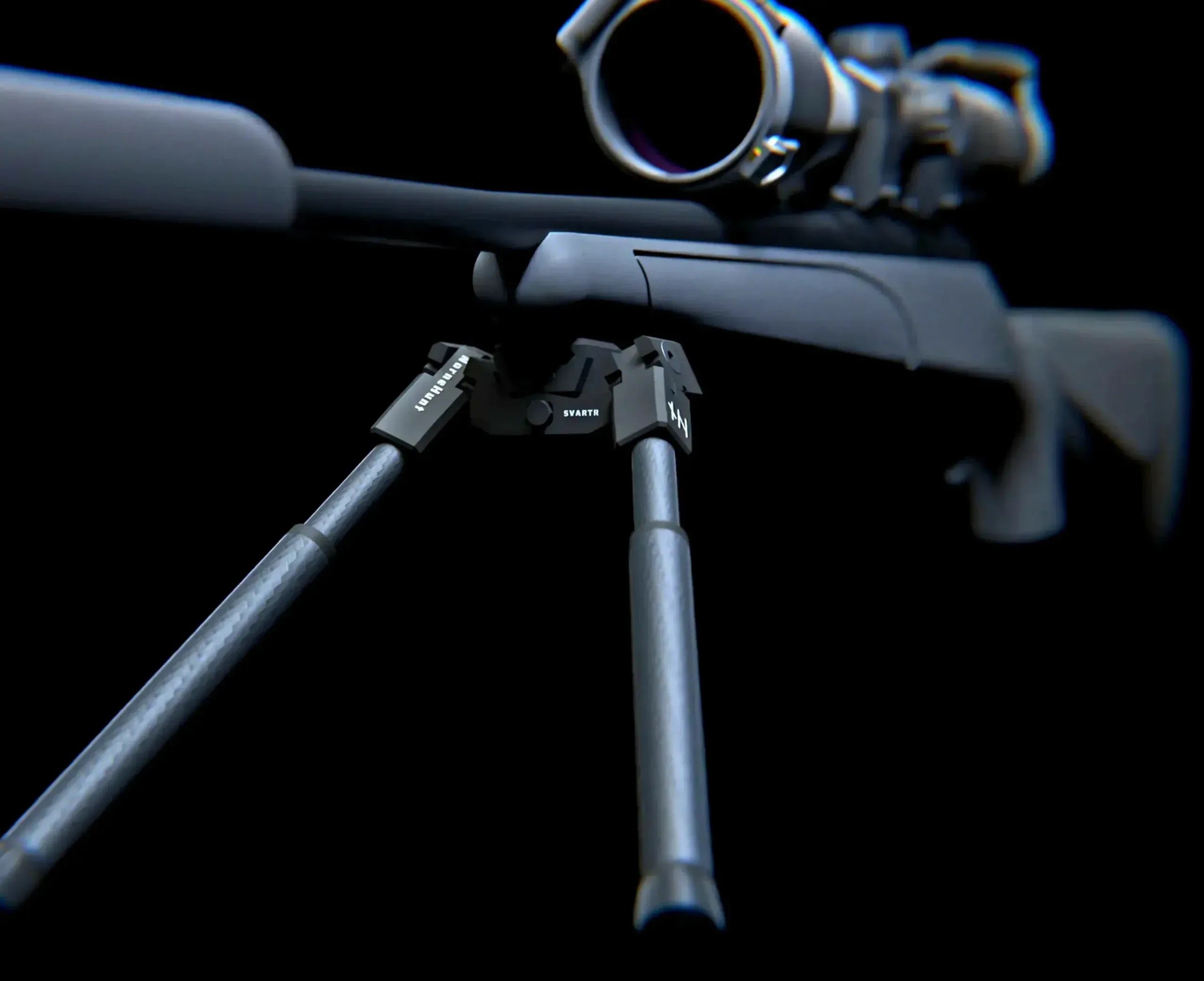 Image features a front close-up of a scoped rifle mounted on a carbon fiber bipod, with both rifle and bipod prominent against a black background.