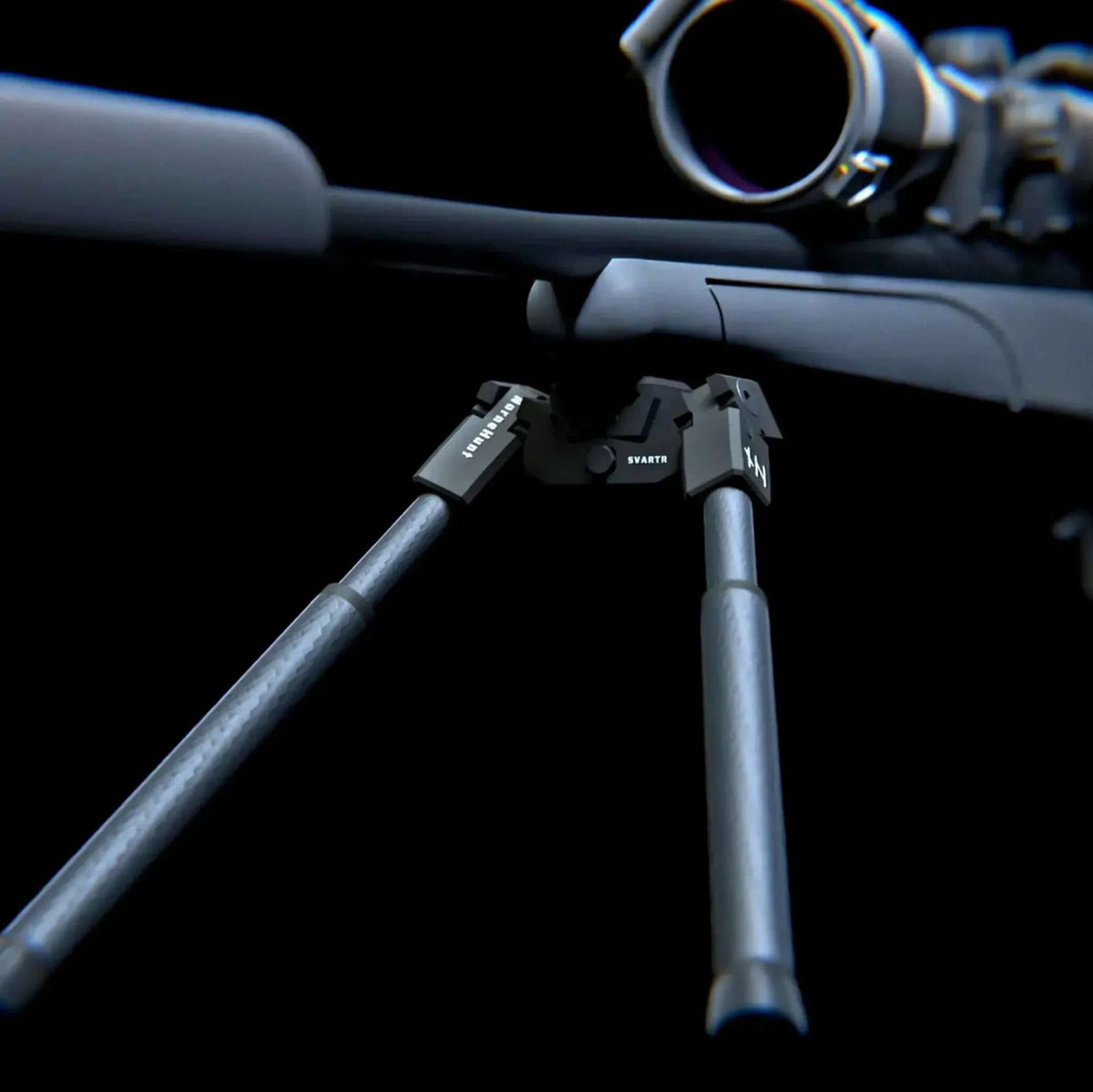 Close-up of a rifle-mounted NorneHunt SvartR bipod with its legs deployed and tilt lock visible.