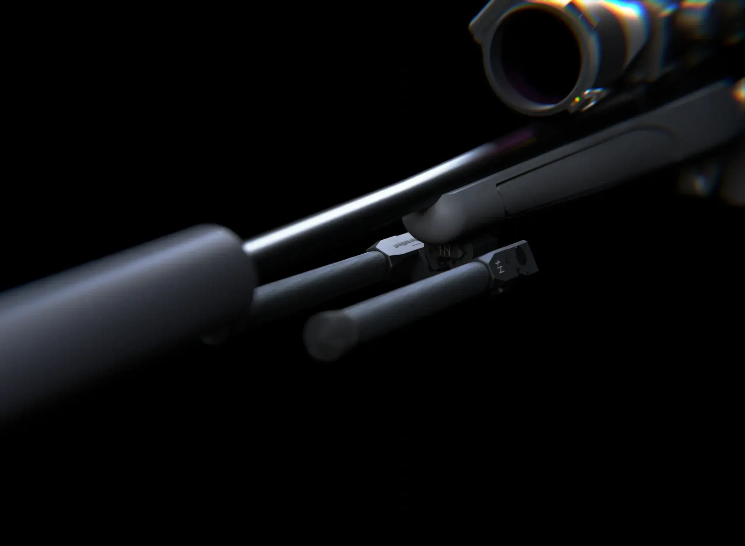 Image is a dramatic, low-angle close-up of a rifle and carbon fiber bipod, taken against a black background, highlighting the long barrel and bipod legs.