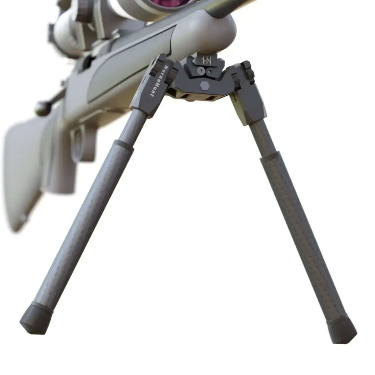 Front angled view of a NorneHunt SvartR bipod mounted beneath a rifle with its carbon fibre legs deployed.