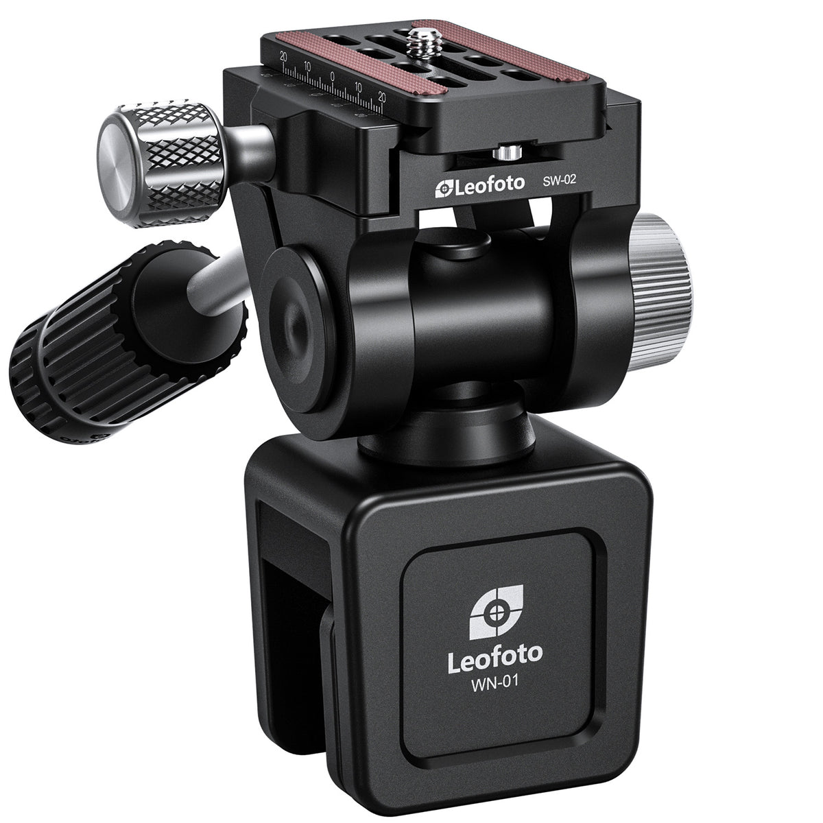 Leofoto WN-01 + SW-02 car window clamp kit with two-way head, control handle and quick-release plate.