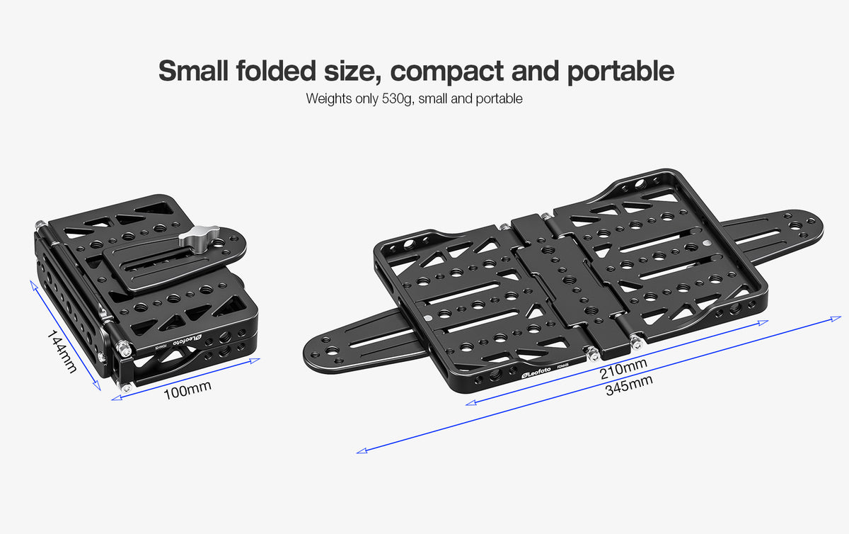 Leofoto FDM-05 Foldable Tac Table size comparison showing folded and fully extended configurations