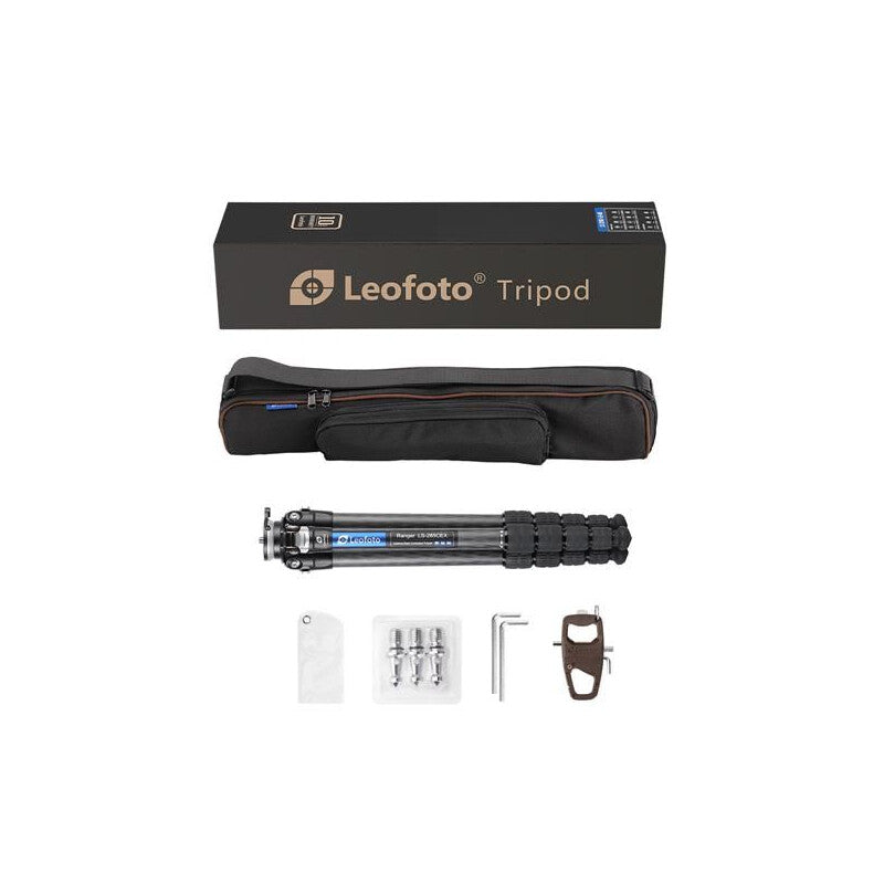 Leofoto Ranger LS-284CEX carbon tripod kit including tripod, carrying case, tools, accessories, and product box arranged flat.