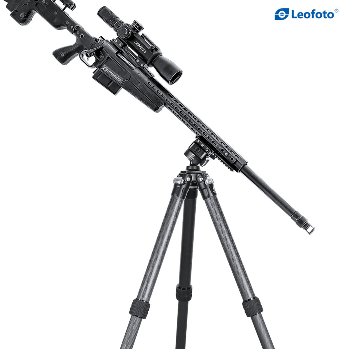 Scoped rifle tilted diagonally on a Leofoto SA-series carbon fibre tripod