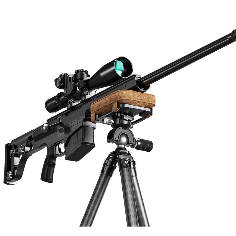 Leofoto SMP-01 Dual Lever Lock Arca Picatinny Rifle Mounting on a rifle with scope and tripod.