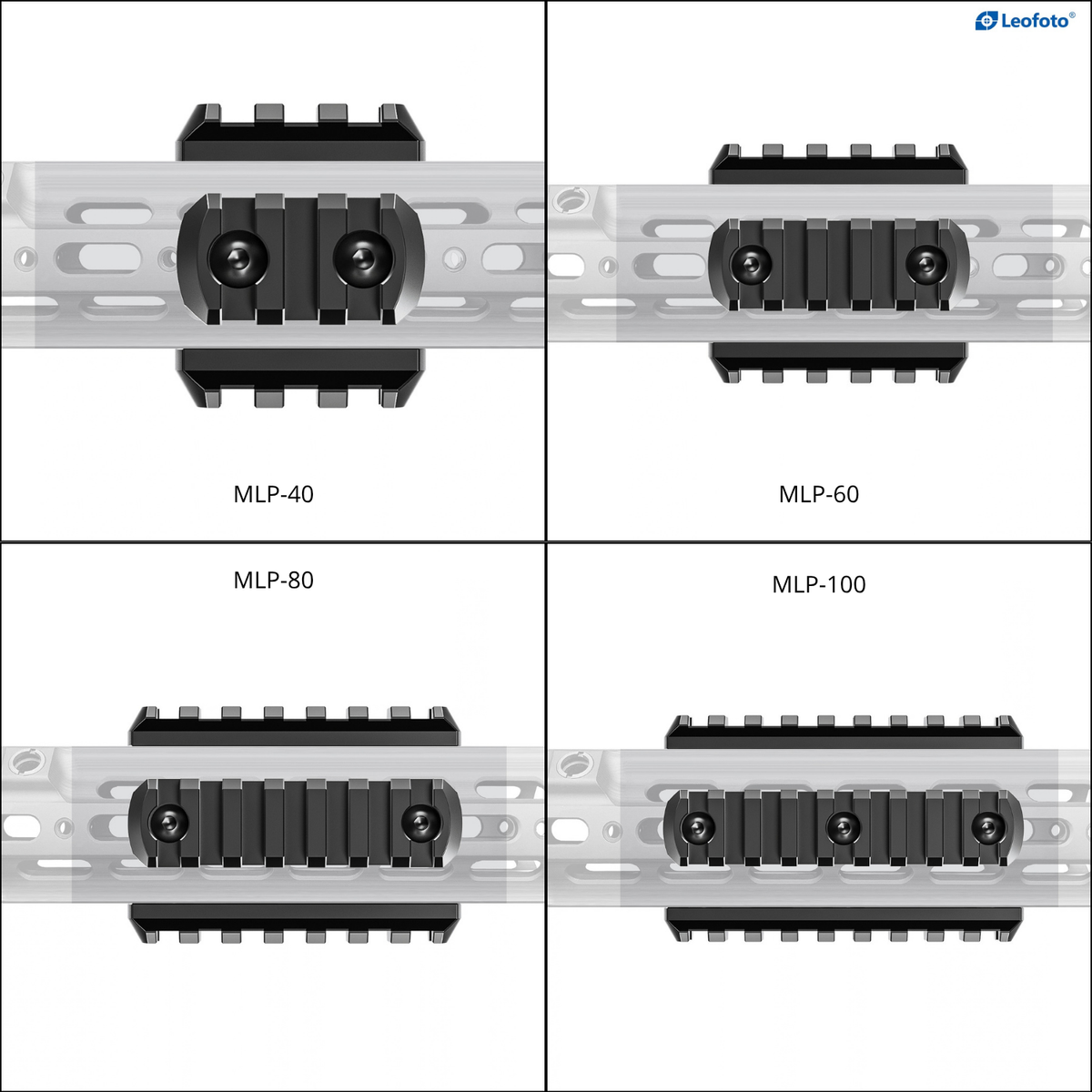 Leofoto MLP M-LOK to Picatinny rail range showing 40, 60, 80 and 100 mm variants