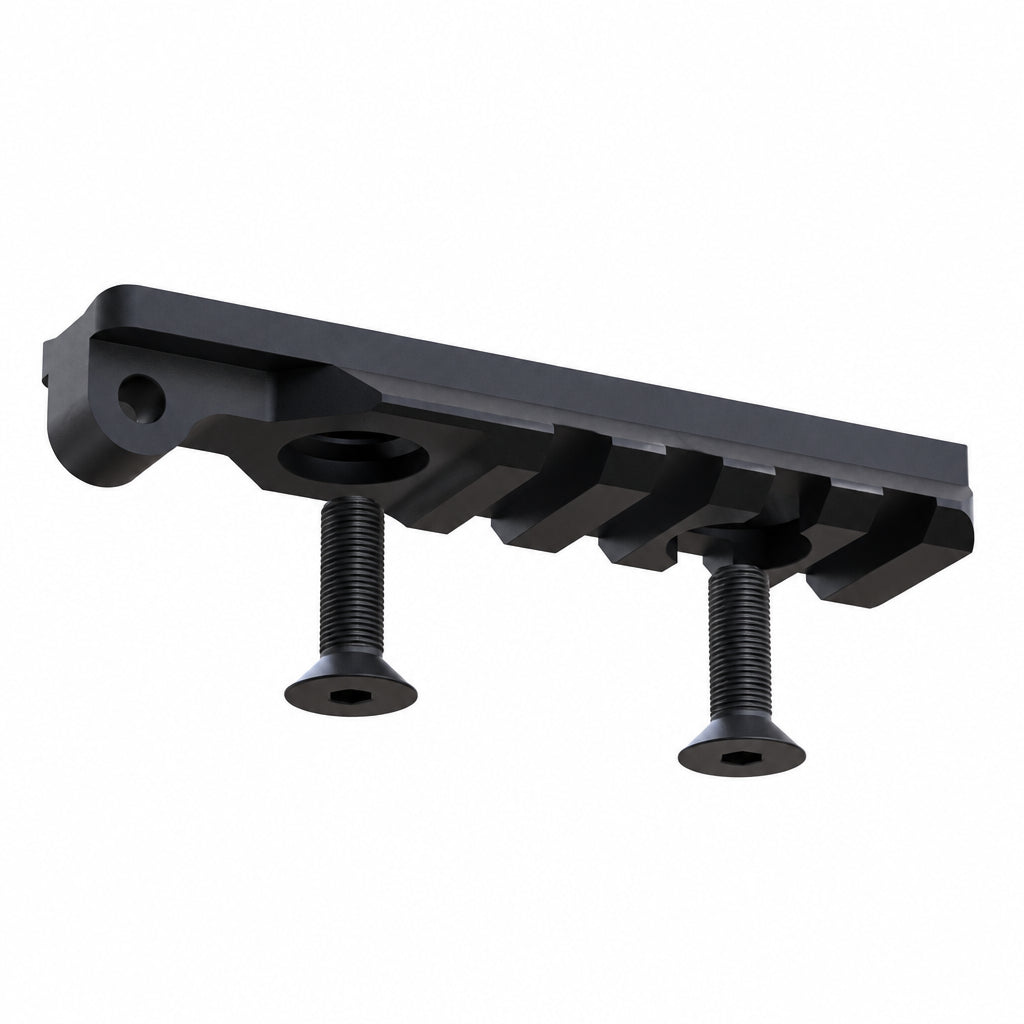Lower angled view of a NorneHunt Standard Picatinny rail with two mounting screws beneath it.