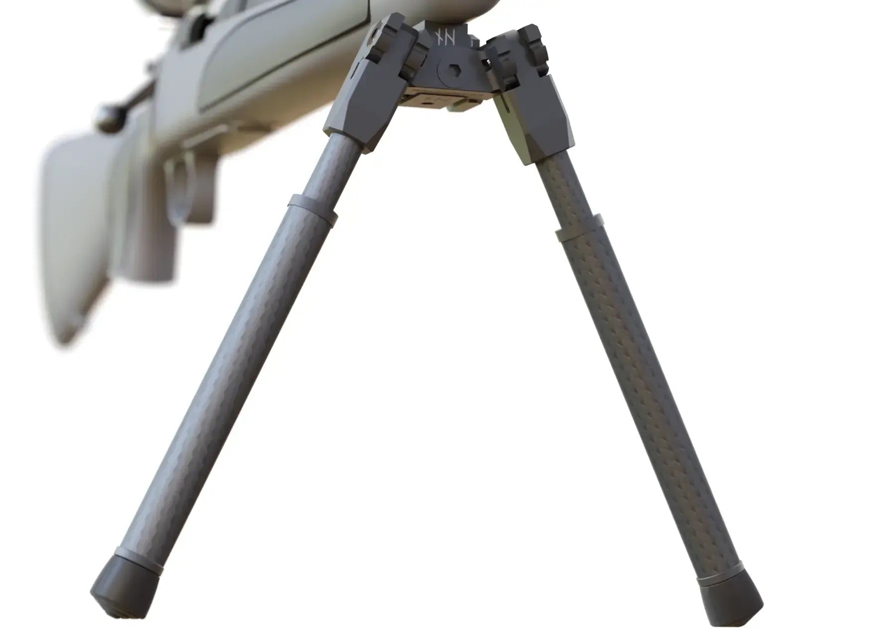 Bipod with extended carbon fiber legs deployed on the forend of a rifle, showing the attachment mechanism and sleek design from the front angle