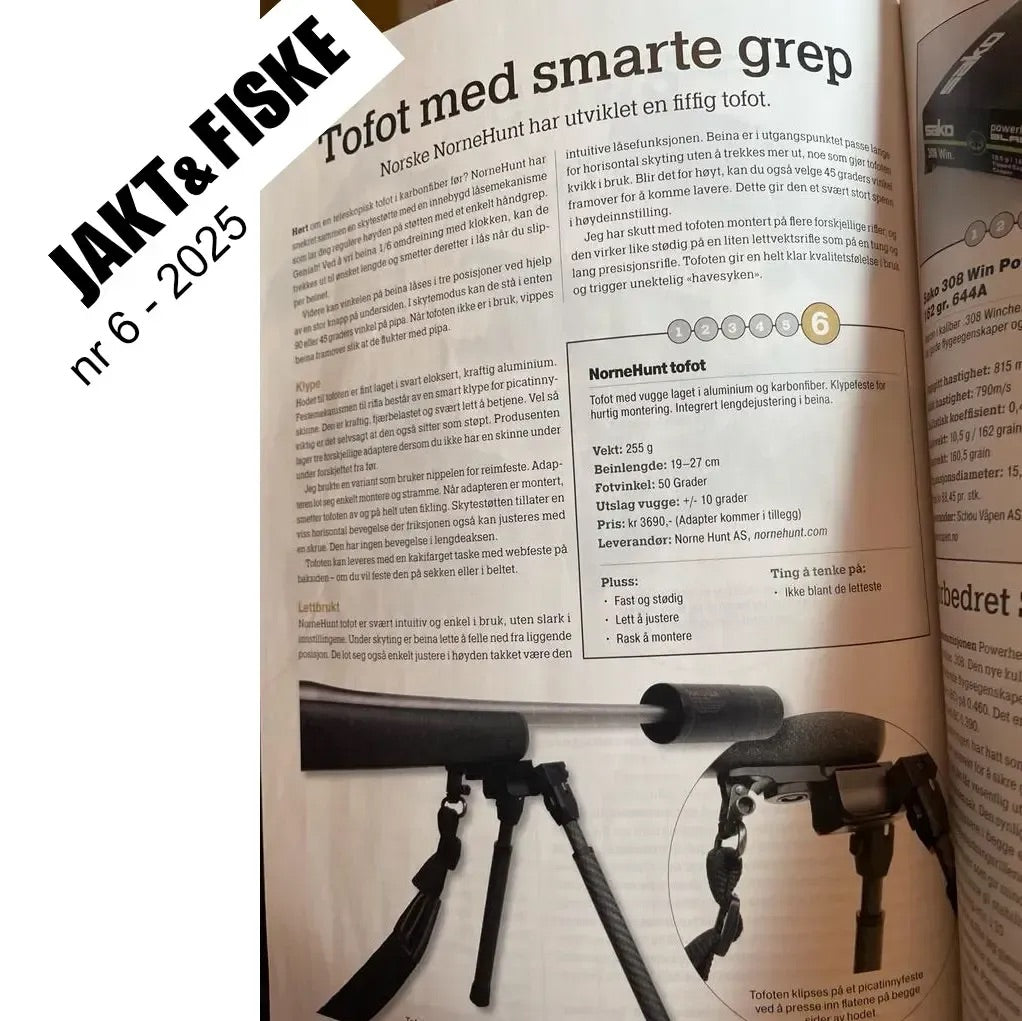Magazine page from "Jakt & Fiske" issue 6, 2025, featuring a review of the NorneHunt bipod with product specifications, images of the bipod attached to a rifle, and detailed Norwegian text