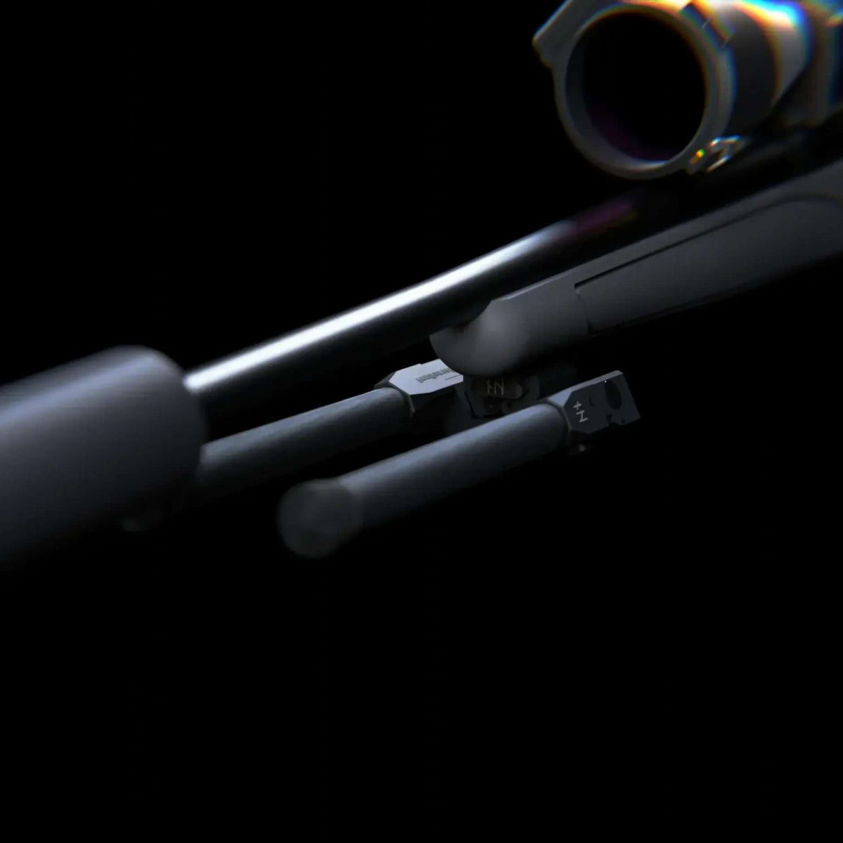 NorneHunt SvartR bipod folded forwards beneath a scoped rifle, photographed against a dark background.