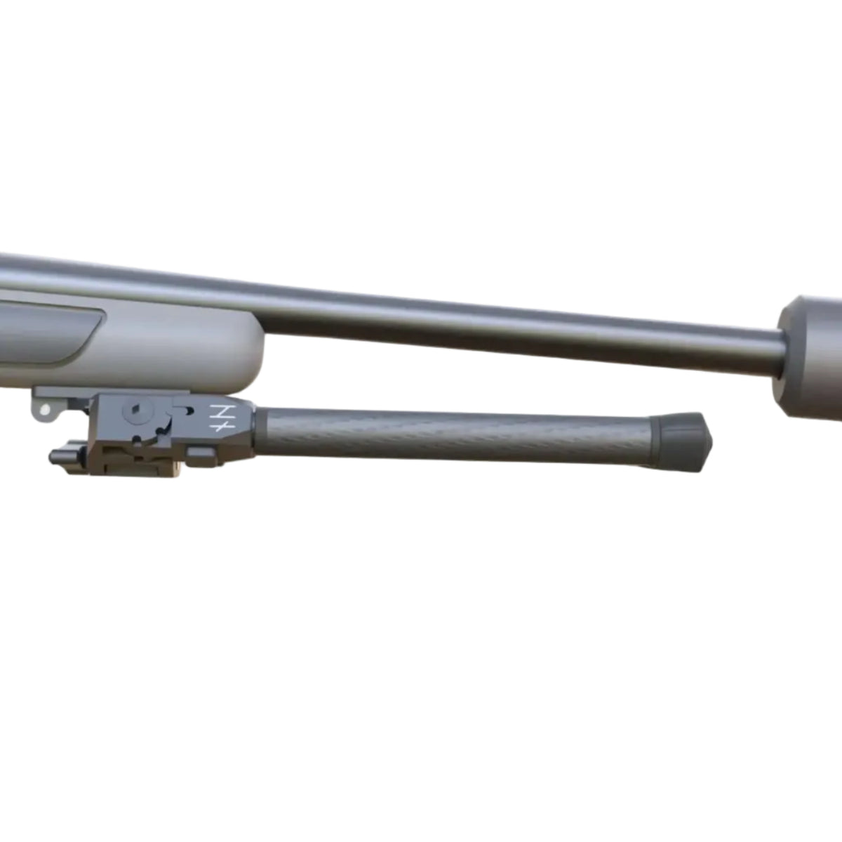 Side view of a NorneHunt SvartR bipod with its legs folded forwards beneath a rifle barrel.