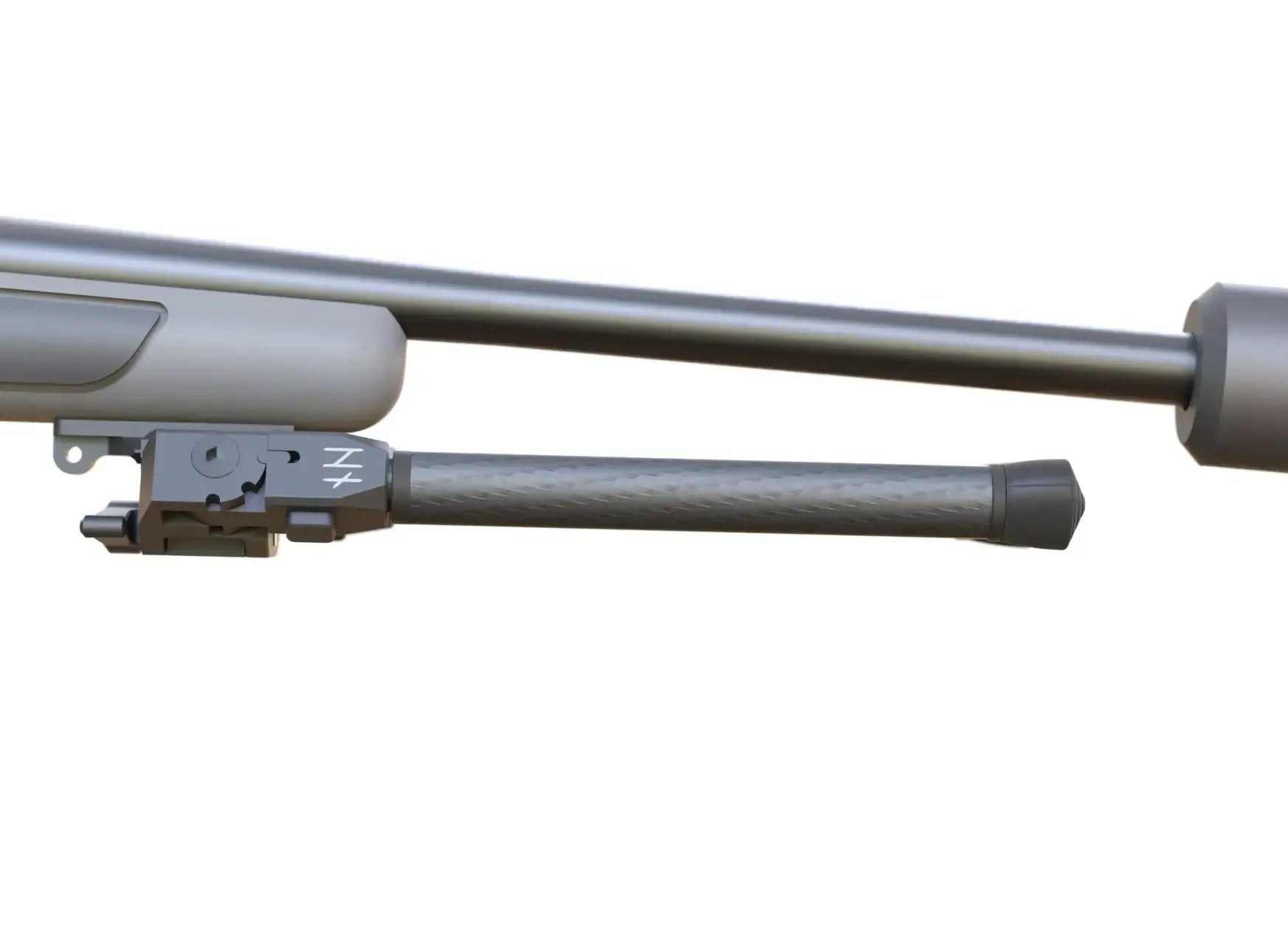 Image shows a close-up side view of a rifle fitted with a carbon fiber bipod attached underneath the forend, photographed on a white background.
