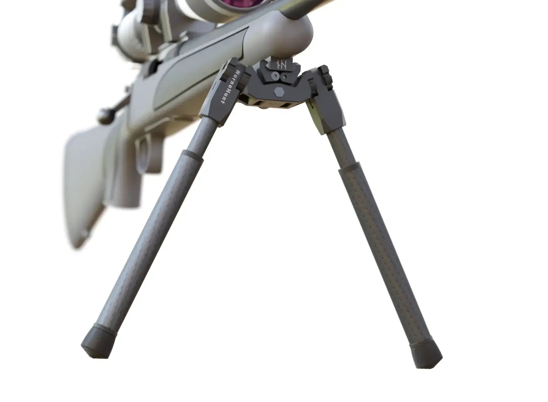 Image displays a front angled view of a rifle with a mounted scope and an extended carbon fiber bipod, the bipod’s legs splayed for shooting support, on a white background.
